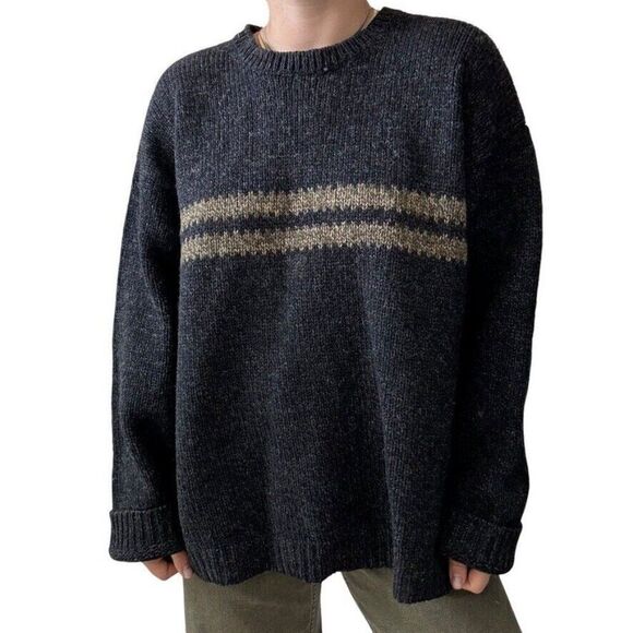 Vintage 1990s EMS Mens Wool Charcoal Gray Striped Chunky Distressed Sweater XL - Picture 9 of 10